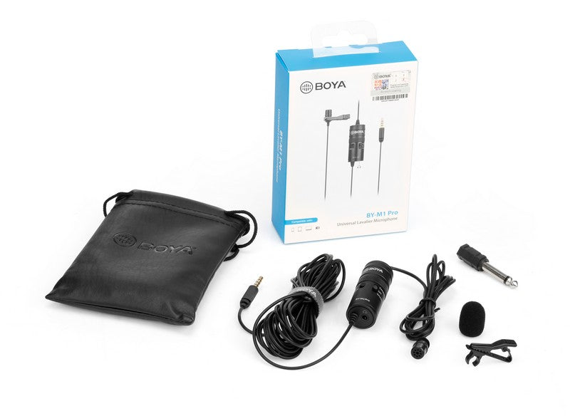 BOYA BY-M1 Pro universal lavalier microphone-compatible with PC smartphones camera audio recorders clip-on mic foam windscreen package content with storage bag