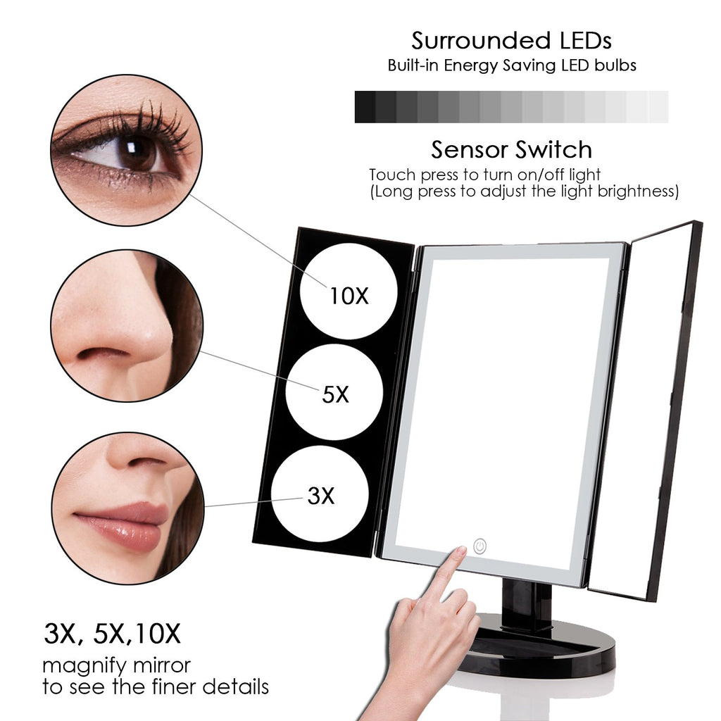 Large Lighted Trifold Vanity Makeup Mirror - 3X 5X 10X Magnification iMartCity features adjustable lights touch button magnifying mirrors