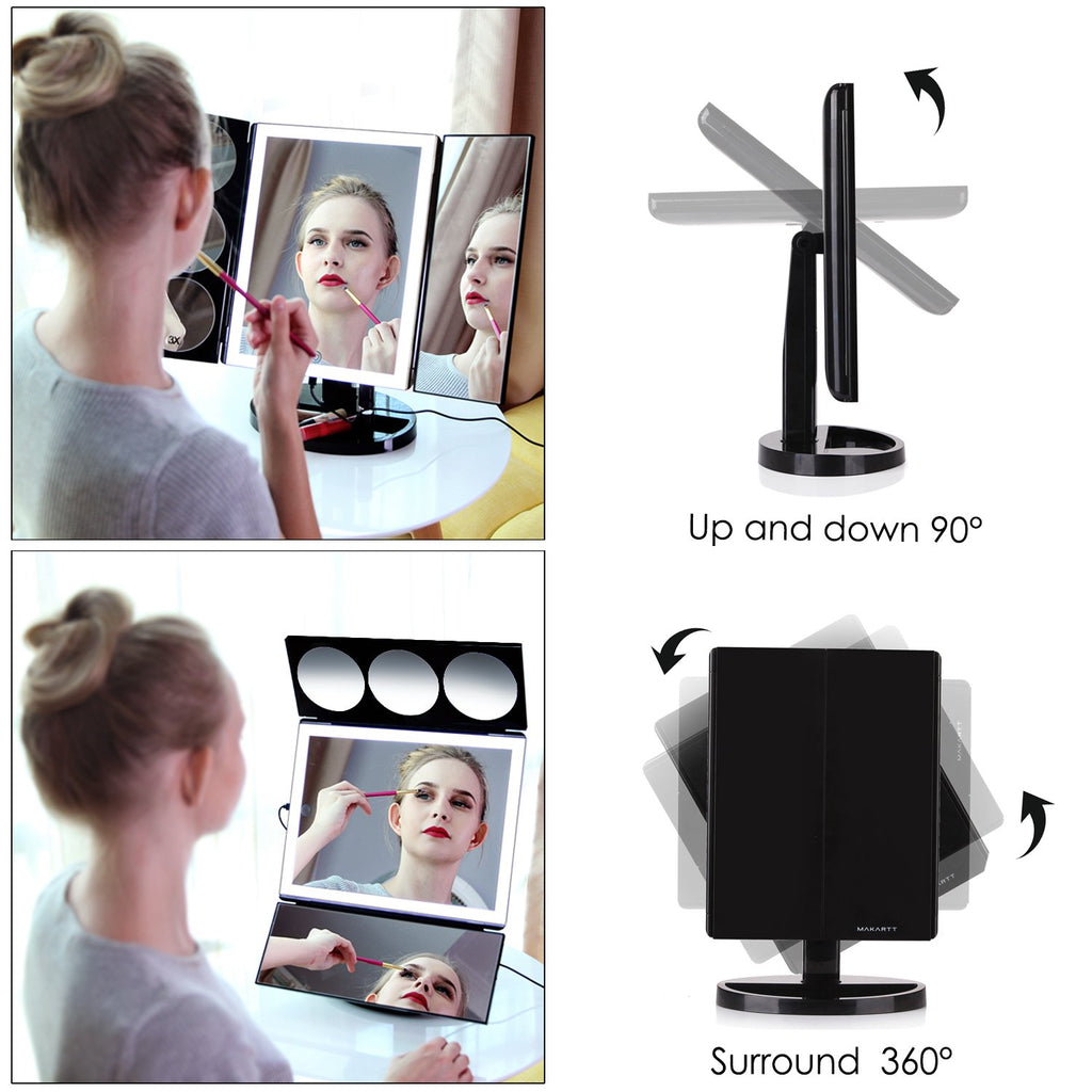 Large Lighted Trifold Vanity Makeup Mirror - 3X 5X 10X Magnification iMartCity rotation adjust angle makeup beauty