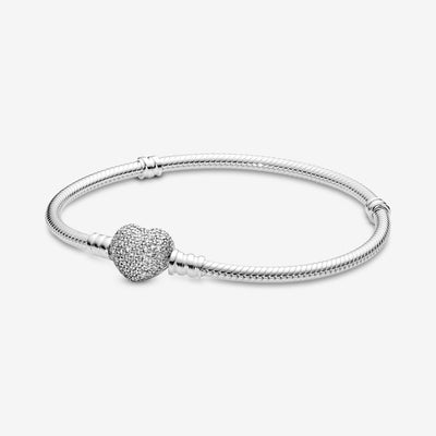 Pandora Moments Sparkling Heart Pavé Clasp Snake Chain Bracelet #590727CZ-20