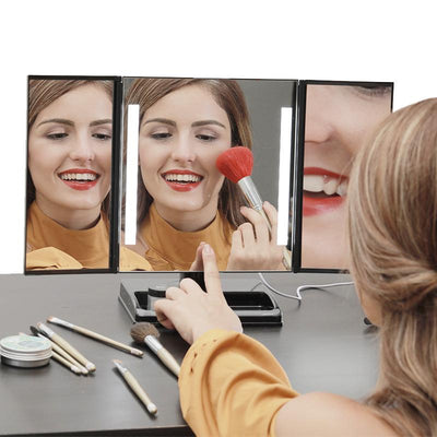 LED Lighted 3-fold Desktop Makeup Vanity Mirror - 10X Magnification - imartcity trifold daily beauty mirror